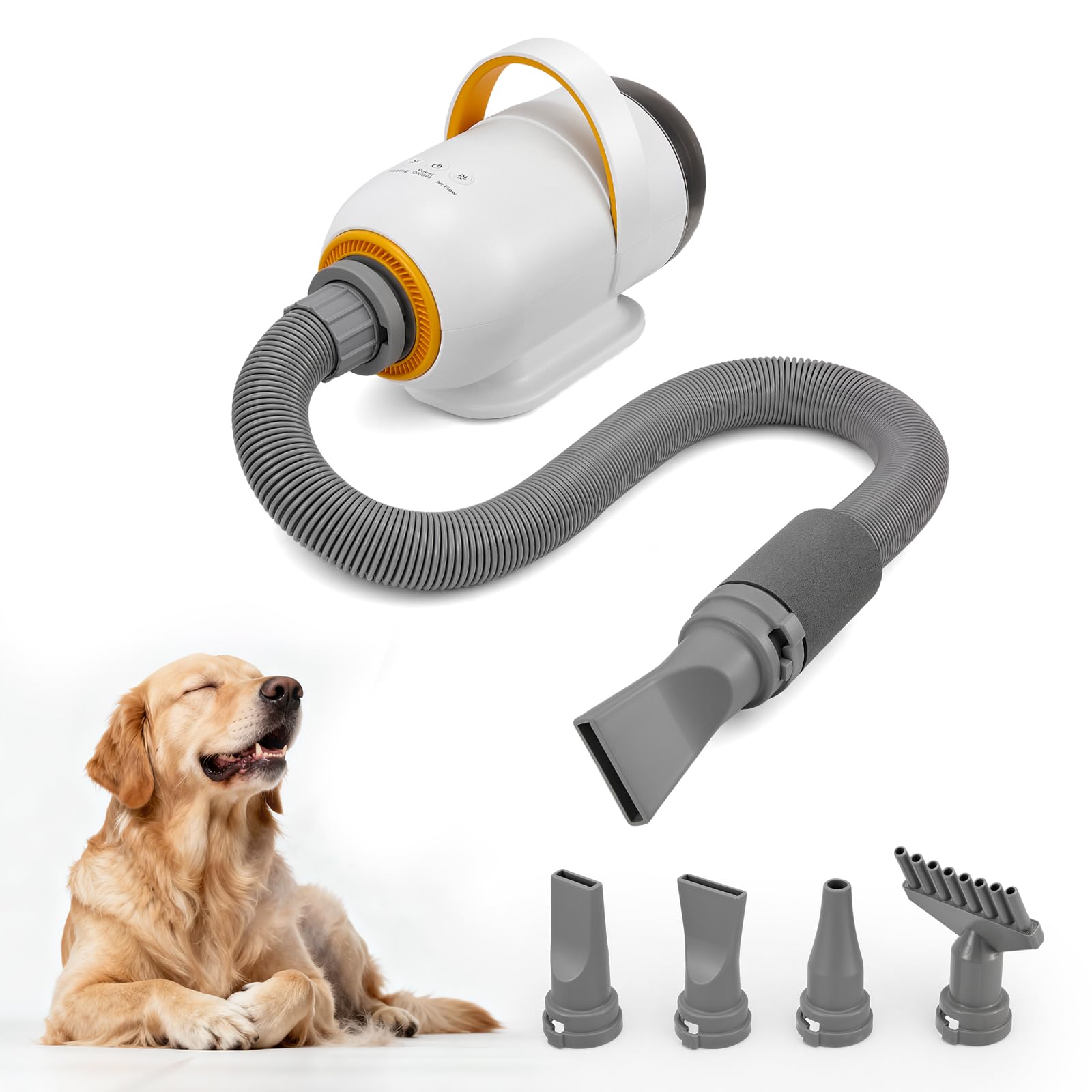 Asciugacapelli per cani 3200 W con 7 velocità regolabili, 4 punte, ciclo aria calda/fredda, asciugacapelli potente per animali, kit toelettatura cani e gatti