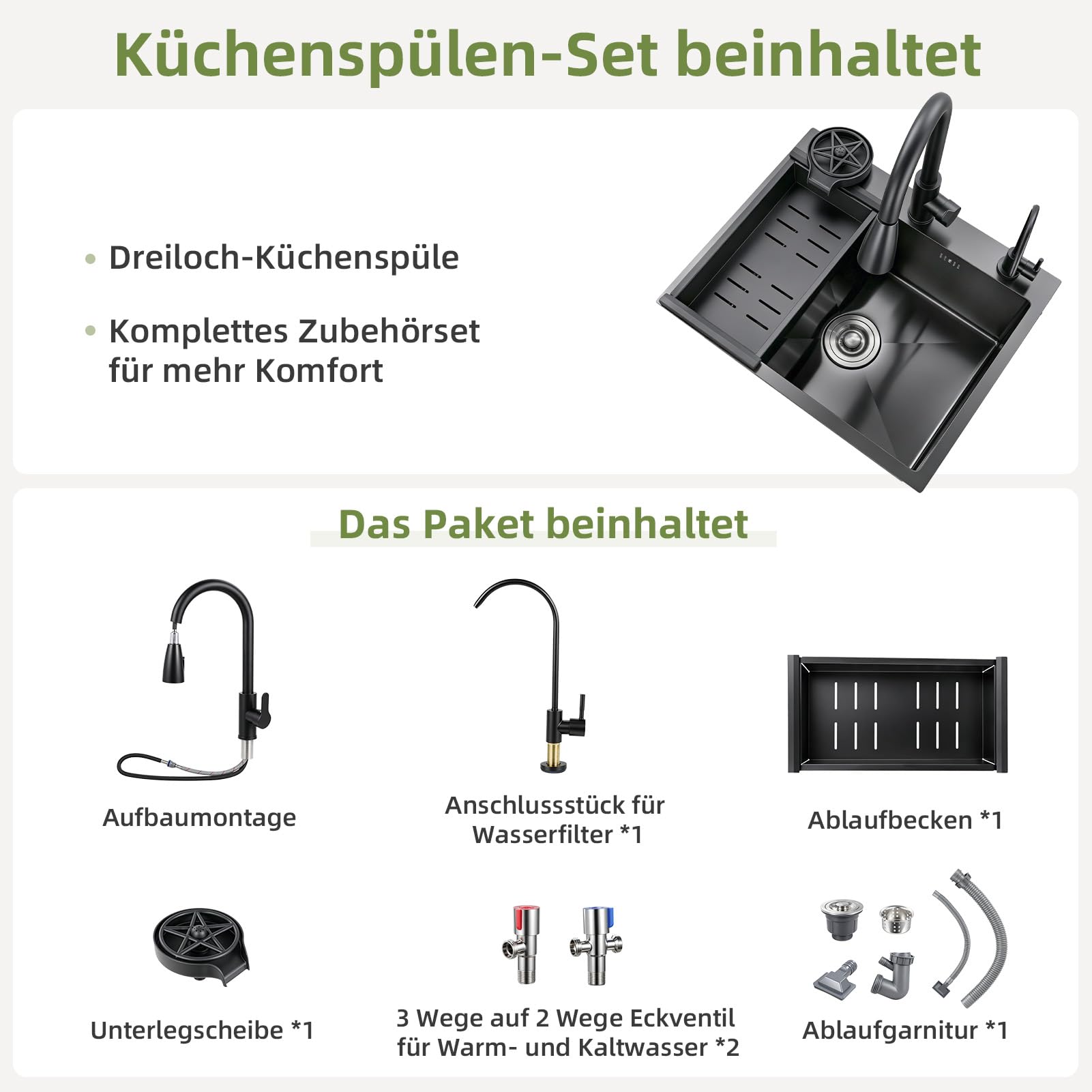 Schwarz Titan Einbecken Küchenspüle 55x45cm 3mm mit 3 Strahlmodi | 304 Edelstahl Spülbecken Set mit Ausziehhahn, Wasserfilteranschluss, Ablaufgarnitur, 3/8 Auf 1/2 Eckventile