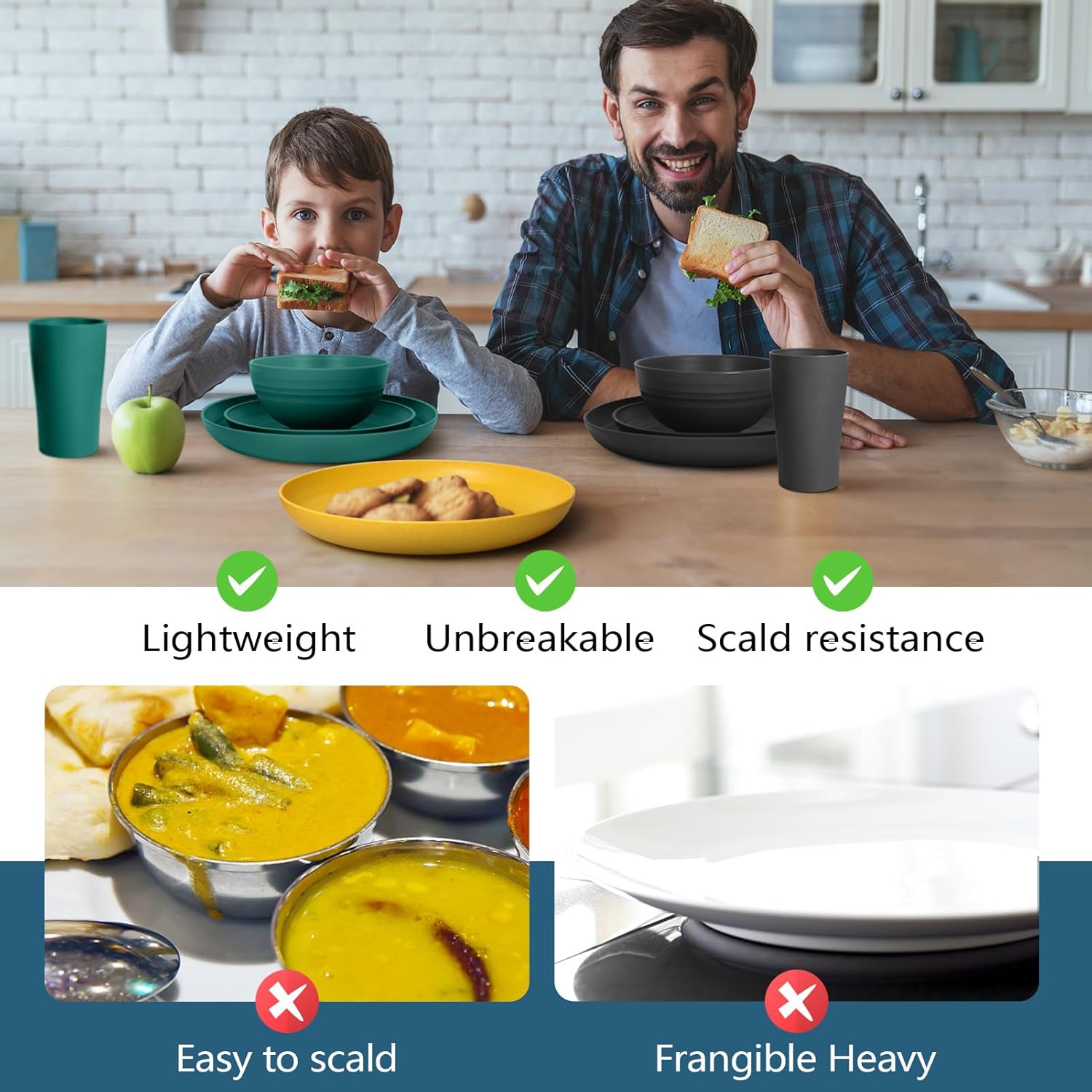 Teivio 48-Piece Kitchen Wheat Straw Dinnerware Set, Service for 12, Dinner Plates, Dessert Plate, Cereal Bowls, Cups, Unbreakable Colorful Plastic Outdoor Camping Dishes, Autumn Multicolor