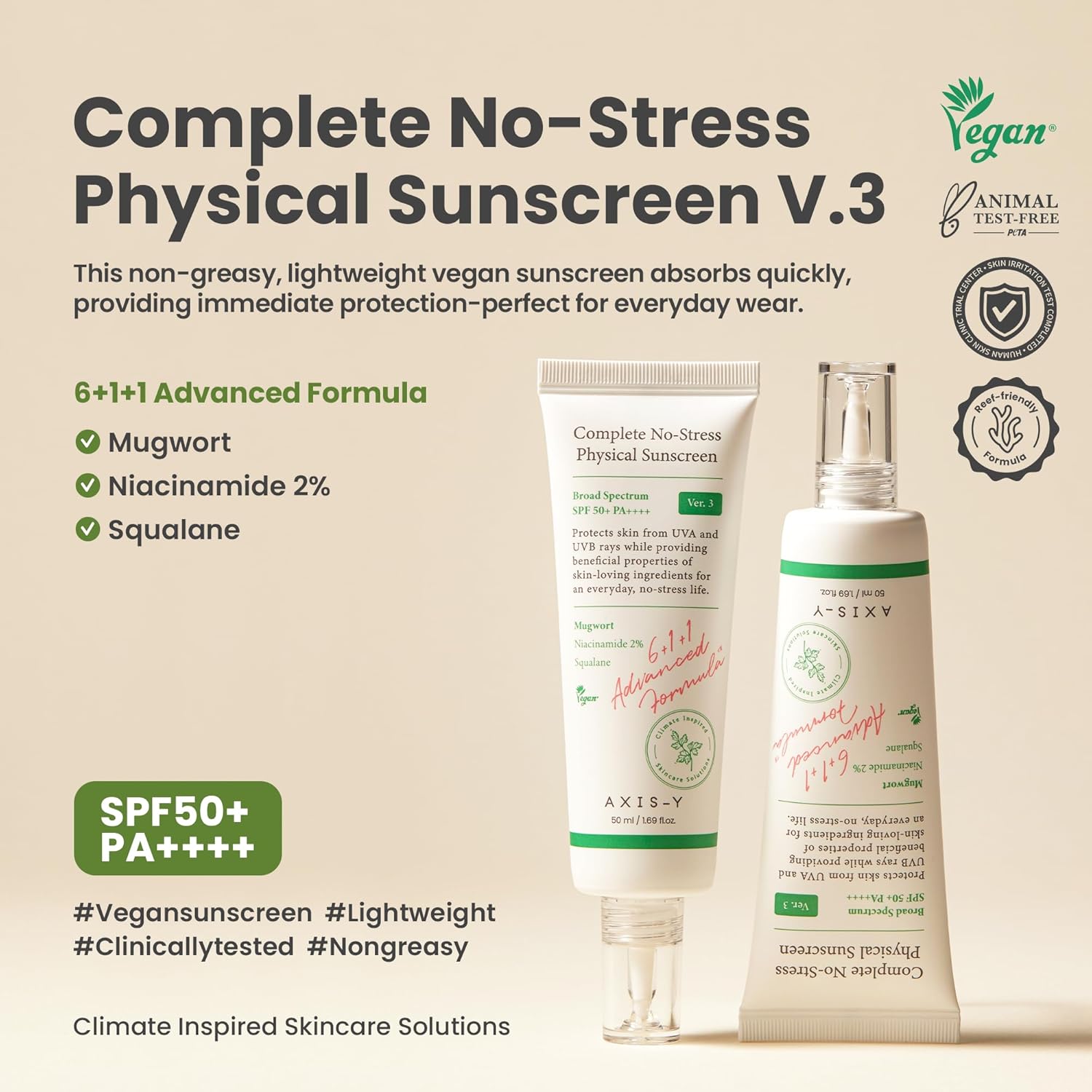 AXIS-Y Complete No-Stress Physical Sunscreen V3 - SPF 50 Mineral Face Sunscreen Moisturizer with 2% Niacinamide, Zinc Oxide for Broad Spectrum Sun Care - Vegan Korean Skin Care -1.69 fl. oz. - Image 2