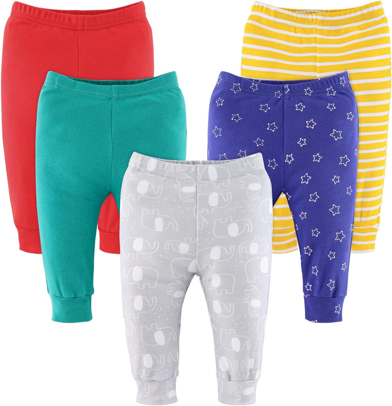 The Peanutshell Baby Pants for Boys and Girls, Newborn to 24 Months, Unisex 5 Pack, Elephant Brights