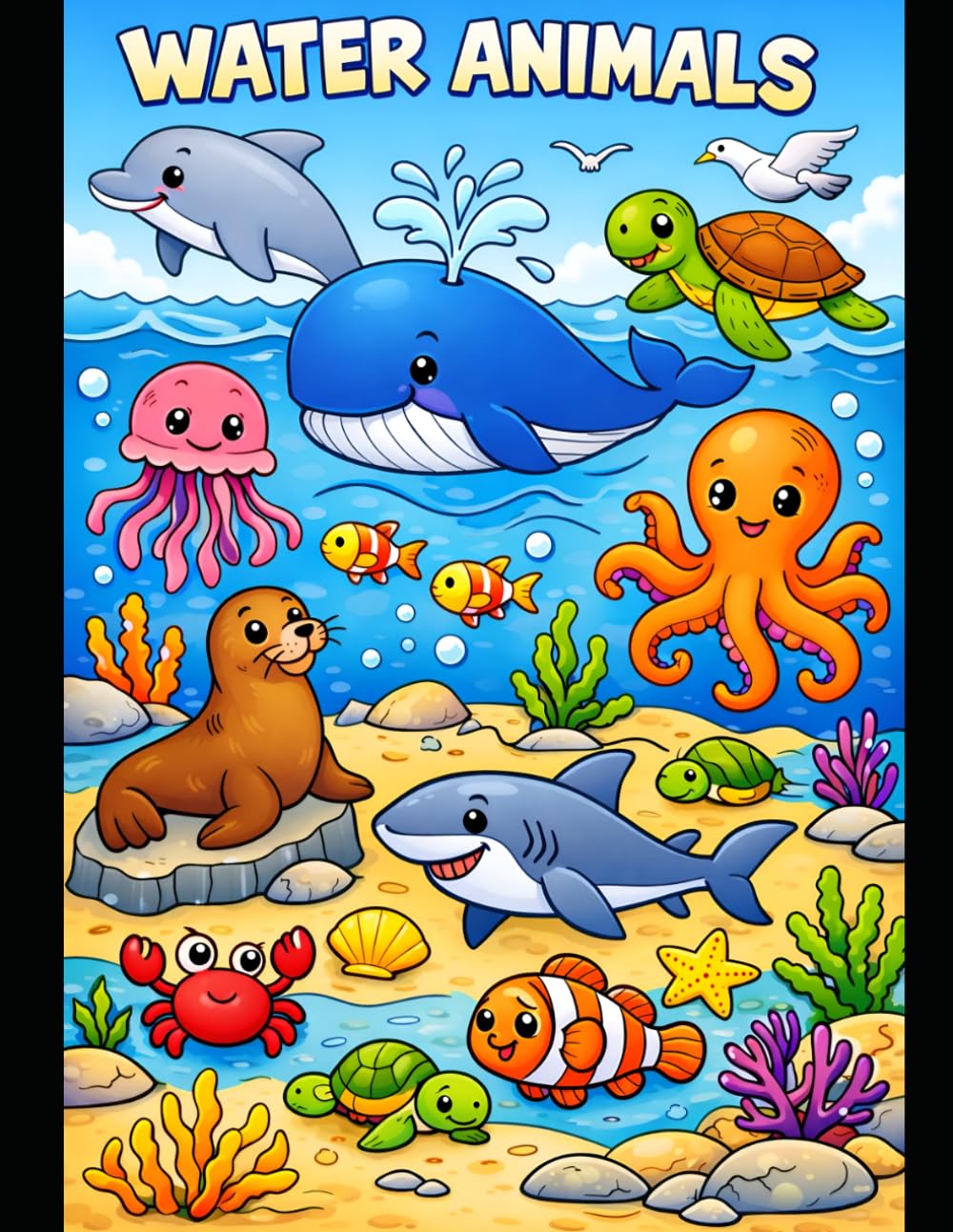 Cute Ocean Animals Coloring Book for Kids: Fun & Easy Underwater Sea Creatures Coloring Pages – Dolphin, Shark, Turtle, Narwhal, Axolotl & More!