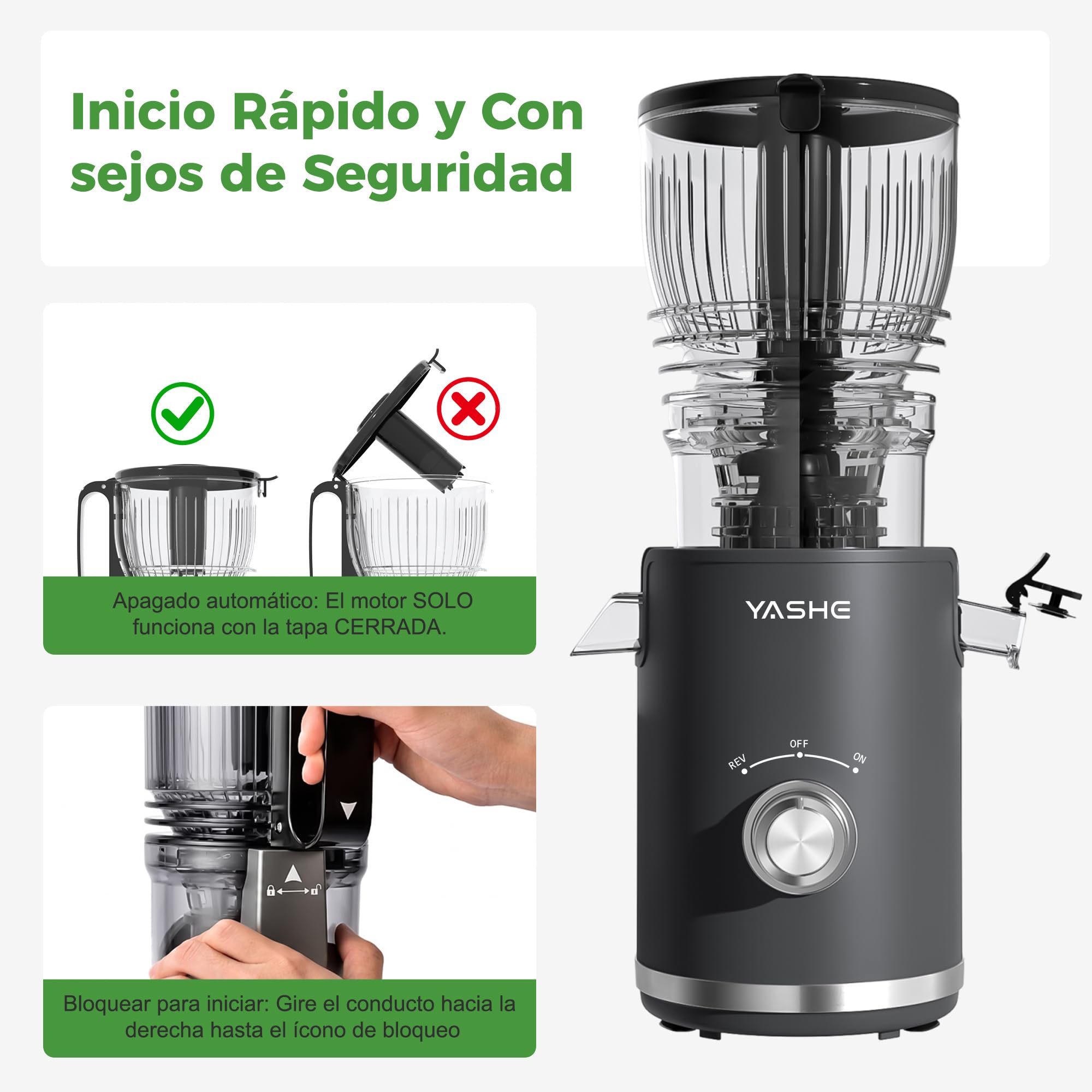 YASHE Extractor de Zumos Lento 300W, Boca 148 mm para Frutas y Verduras Enteras, con Función Marcha Atrás, Motor Silencioso, Sin BPA, Fácil Limpieza