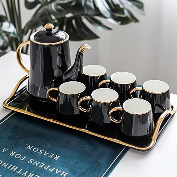 Tea Set for Adults Modern Tea Cup Teapot Set with Tray Emerald Ceramic Teapot Coffee Cups Set,Black