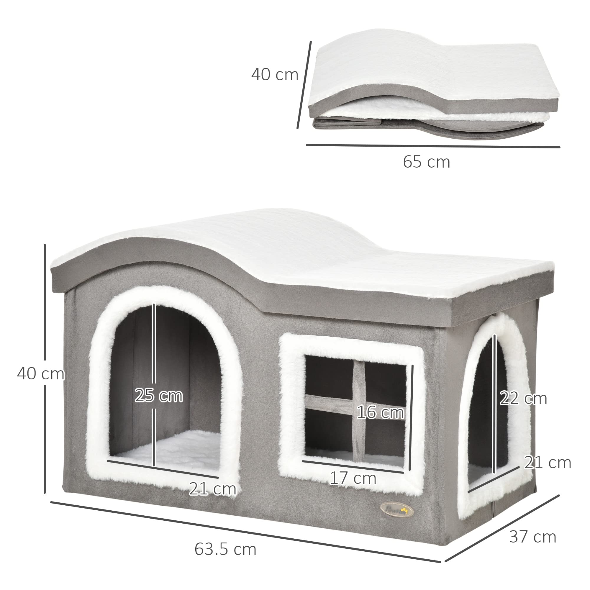 Pawhut Casetta per Gatti da Interno con 2 Entrate e Finestra, Cuscino e Base Antiscivolo, 63.5x37x40cm, Grigio