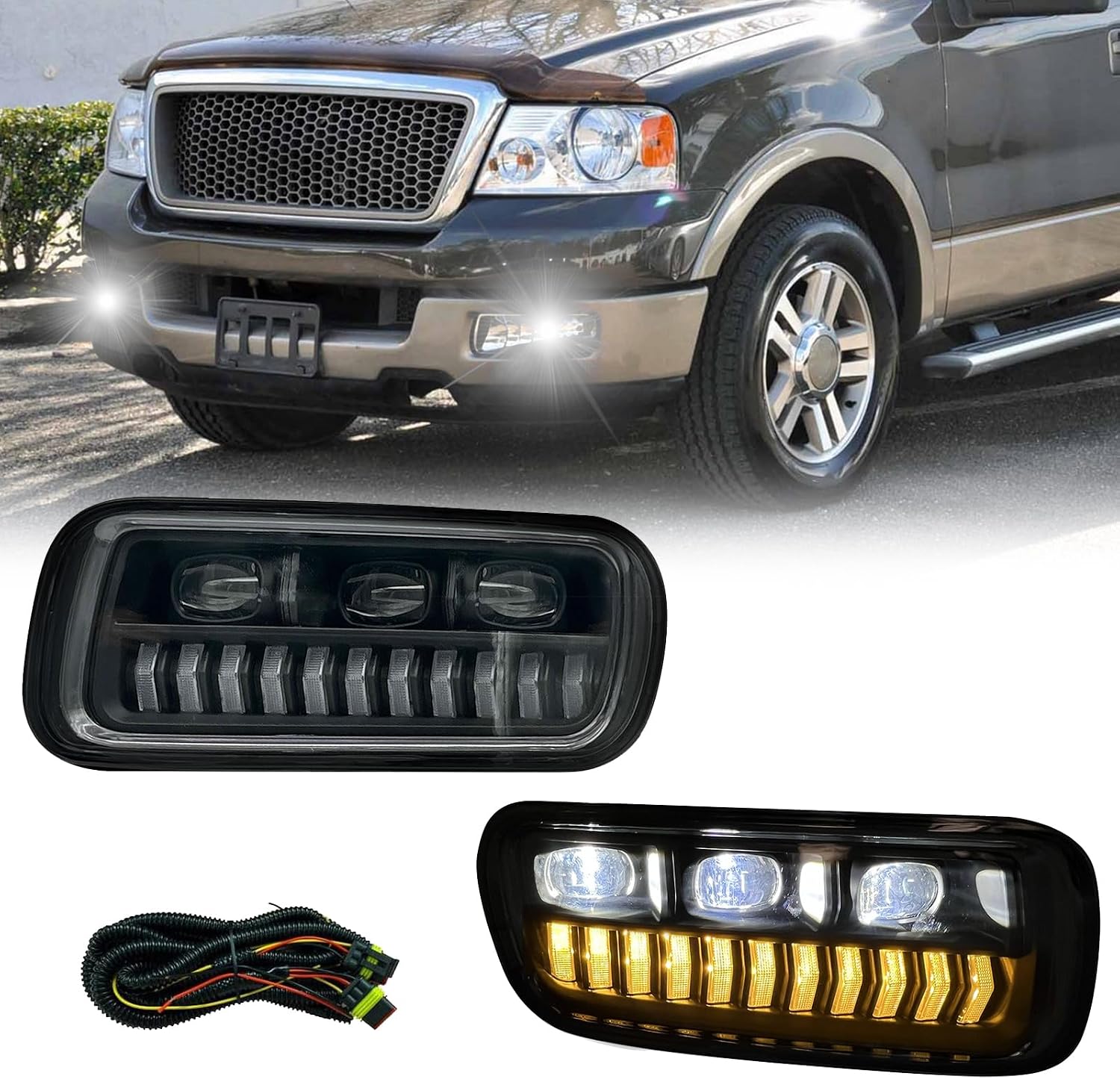 LED&DRL Fog Lights Compatible with 2004 2005 2006 Ford F150 Front Bumper Fog Lamps with Daytime Running and Turn Signal- Clear Lens