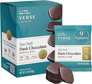 Verse Dark Chocolate Sea Salt Squares - Only 3g Cane Sugar - Creamy 70% Cocoa Dark Chocolate - Individually Wrapped Cacao Bar Squares (9 Count, 1 Pack)