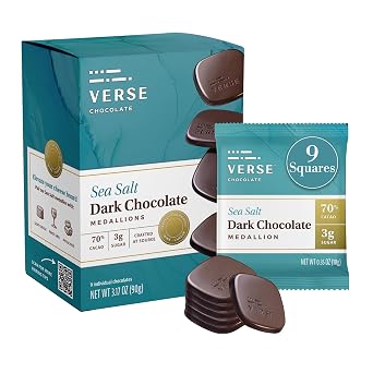 Verse Dark Chocolate Sea Salt Squares - Only 3g Cane Sugar - Creamy 70% Cocoa Dark Chocolate - Individually Wrapped Cacao Bar Squares 9 Count, 1 Pack