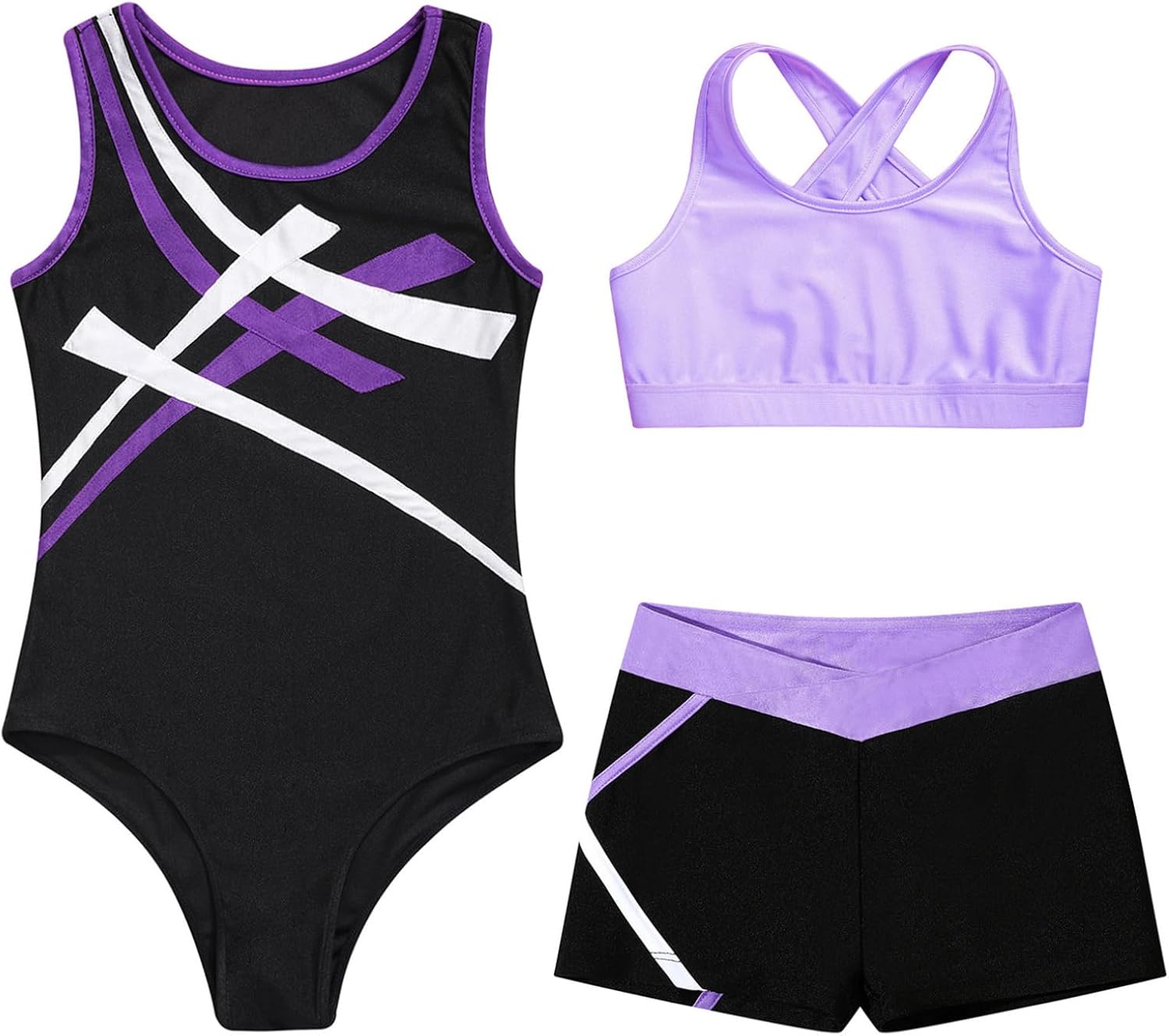 Mufeng 3pcs/Set Kids Girls Gymnastics Outfit Sleeveless Contrast Color Leotard Cropped Vest and Shorts Set
