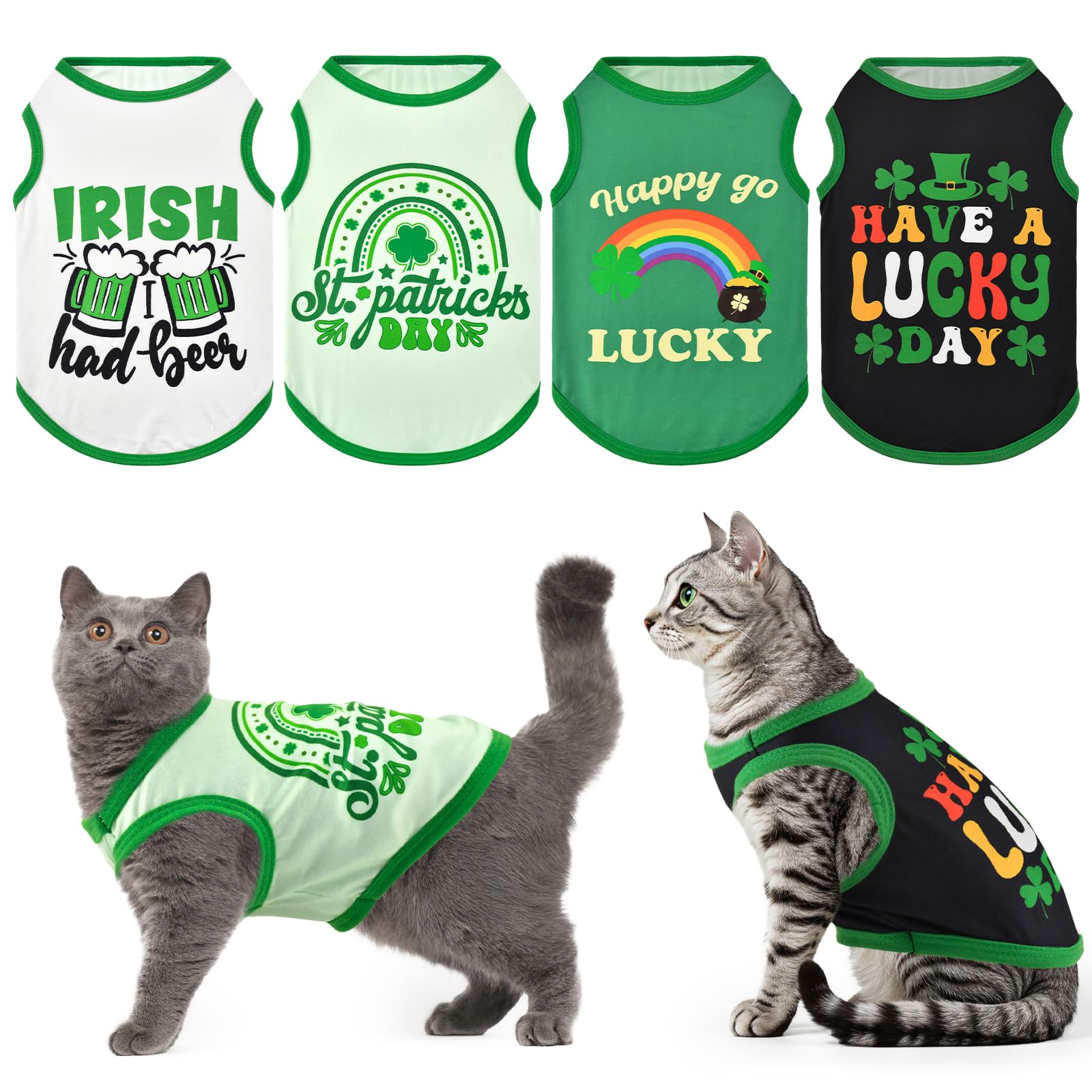 LyssKMK 4 Pack St. Patrick's Day Dog Shirts Shamrock Rainbow Bridge Tank Tops for Small Medium Dogs Lucky Green Beer Pattern Sleeveless Vests for Cats