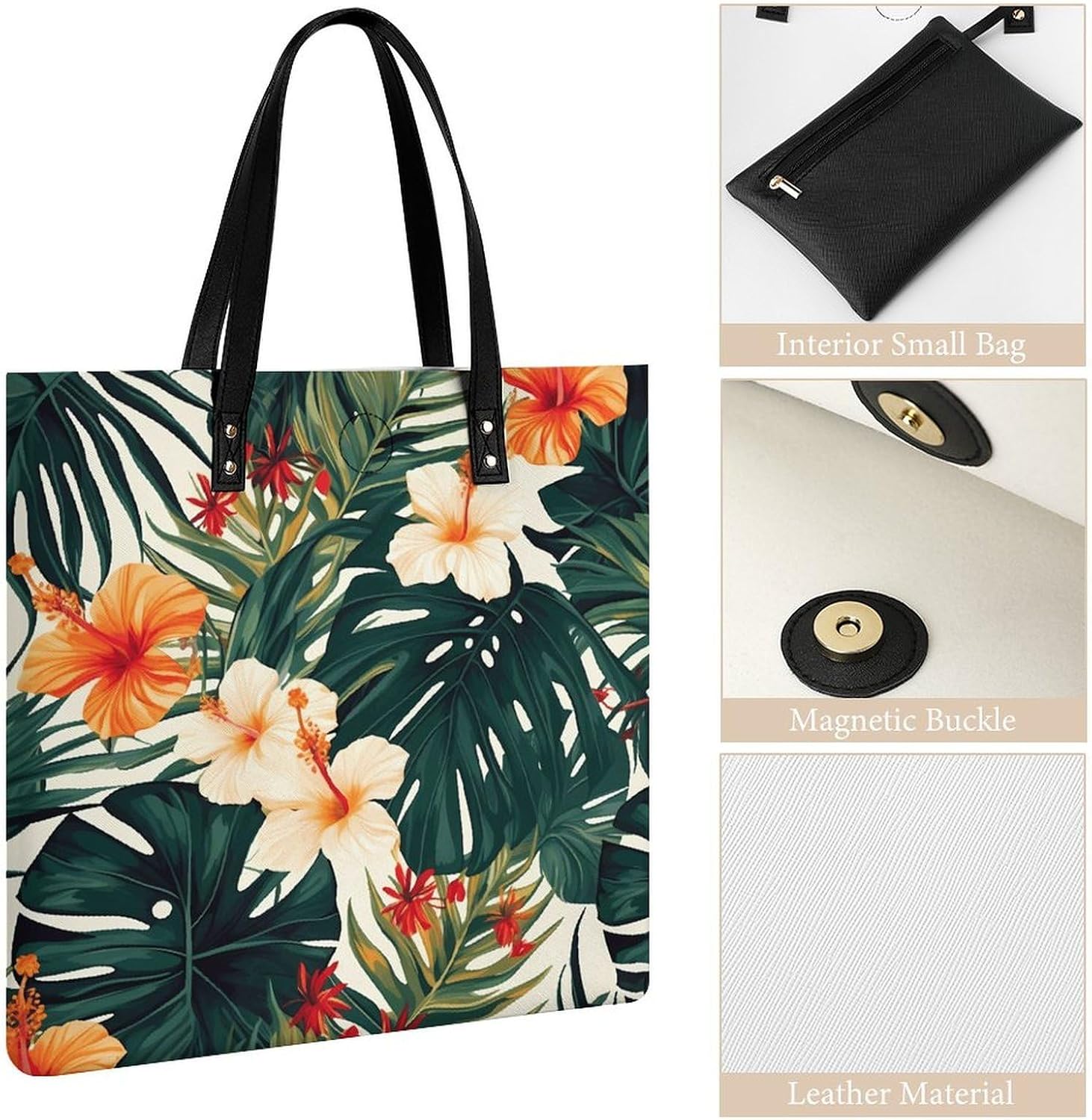Hawaiian Flower Palm Leaves Tote Bag with Magnetic Buckle Reusable Grocery Bags Lightweight Cross Body Handbag for Daily Essentials