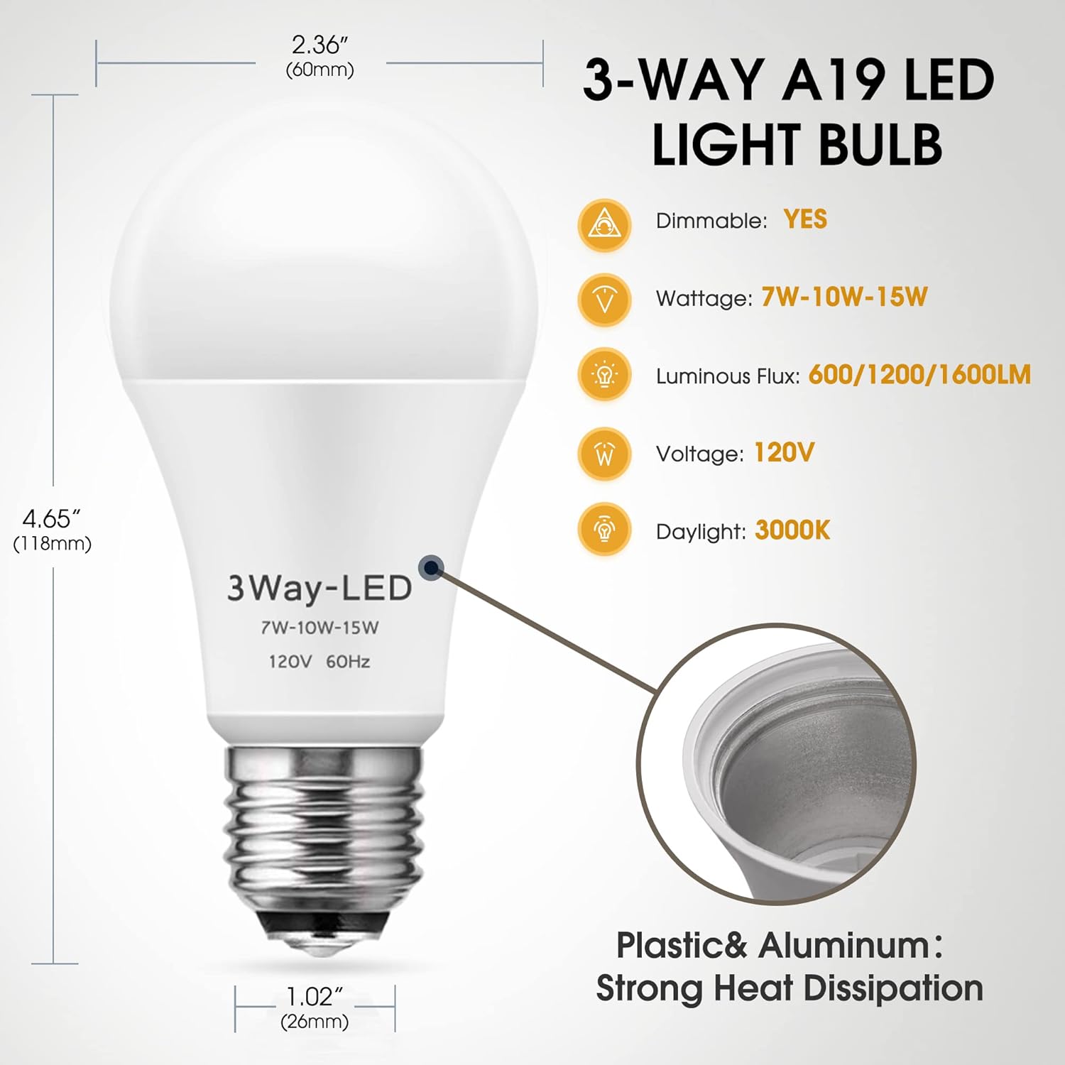 Briignite LED Light Bulbs, 3 Way LED Light Bulbs 50 100 150W Equivalent, 3 Way Light Bulb, Three Way A19 Light Bulbs E26 Medium Base, Warm White 3000K, 500lm-1000lm-1500lm, 2 Pack