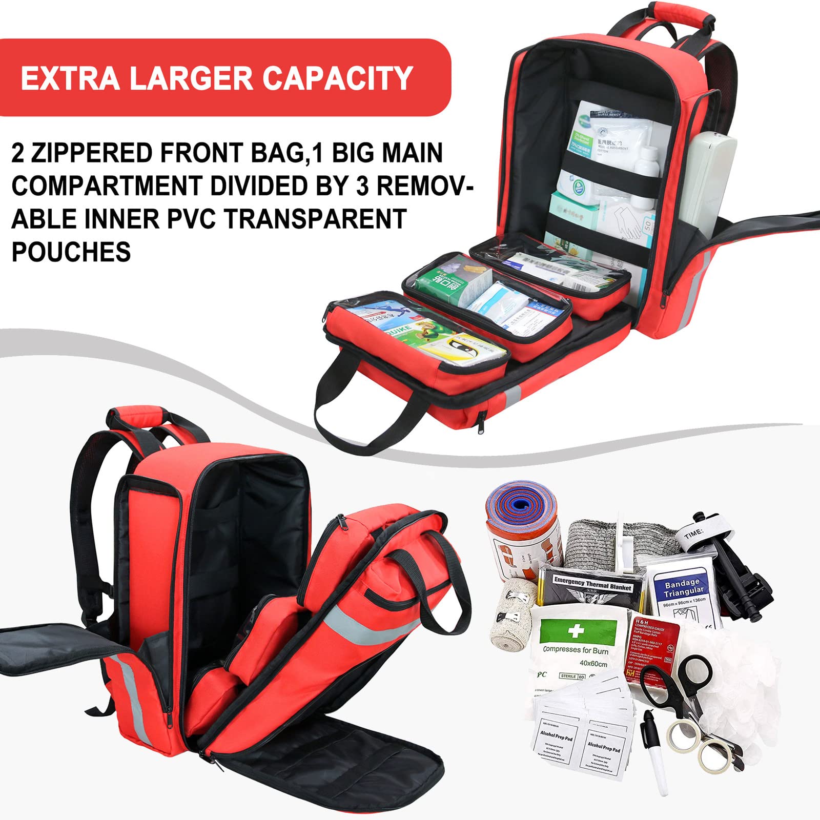 Zaino professionale di pronto soccorso vuoto, borsa medica tattica con riflettente, zaino medico di pronto soccorso di grande capacità per campeggio, escursionismo,Rosso