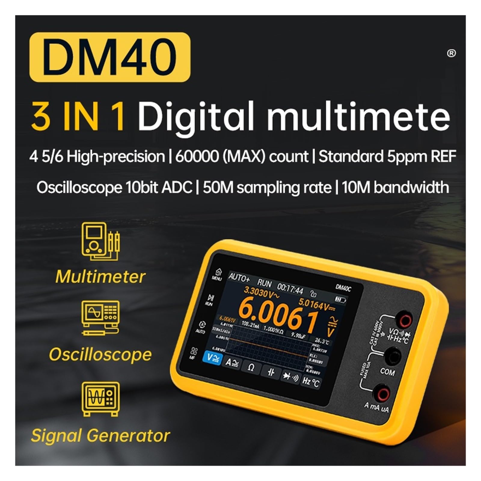 Multimetr cyfrowy, Generator sygnału multimetru z oscyloskopem cyfrowym DM40 3 w 1, częstotliwość próbkowania 50 MS/s(DM40A)
