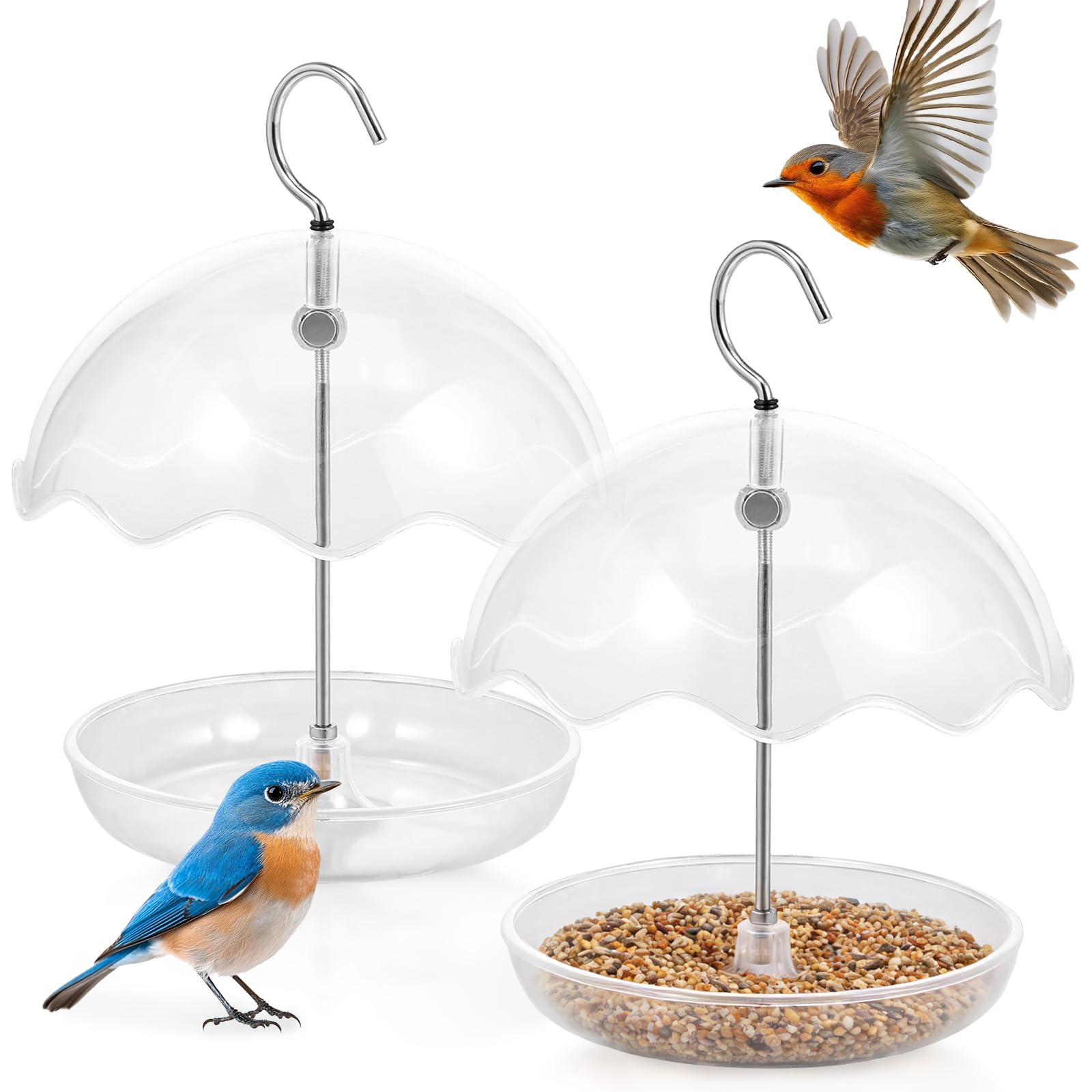 Kuanght Transparent 2Pcs Bird Feeders For Outdoor, Dome Bird Feeder With Built In Hanging Hook And Drainage Holes, Easy Installation Plastic Bluebird Mealworm Feeder For Garden, Backyard And Terrace