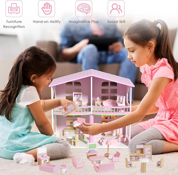 Wooden Dollhouse Furniture Set, 5 Room Kit 22 Piece Miniature Wood Accessories, Including Kitchen, Dining Room, Living Bedroom, Bathroom Playhouse Family Figures Play Toy, Pink (WT06)