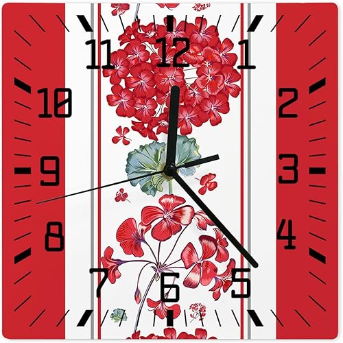 Red Flower Wooden Wall Clock Silent Non Ticking, Spring Summer Floral Rustic Botanical Square Wall Clock Battery Operated, Decor Clock for Home