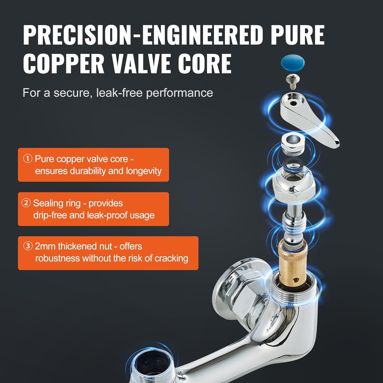 VEVOR Commercial Faucet with Pre-Rinse Sprayer, 25" Height, 8" Center, 12" Swing Spout, Wall Mount Kitchen Sink Faucet, Brass Constructed Device with Pull Down Spray, for 1/2/3 Compartment Sink - Image 3