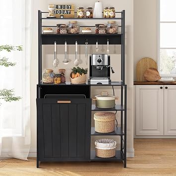 MAGIC UNION Bakers Racks Kitchen Microwave Stand Cabinet, Black | 6-Tiers Farmhouse Coffee Bar Table Station with 10 Gallon Trash Can Bin Cabinet, Power Outlet, 6 Hooks and Storage Shelf