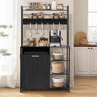 MAGIC UNION Bakers Racks Kitchen Microwave Stand Cabinet with 10 Gallon Trash Can Bin Cabinet and Power Outlet, 6-Tiers Farmhouse Coffee Bar Table Station with 6 Hooks and Storage Shelf, Black