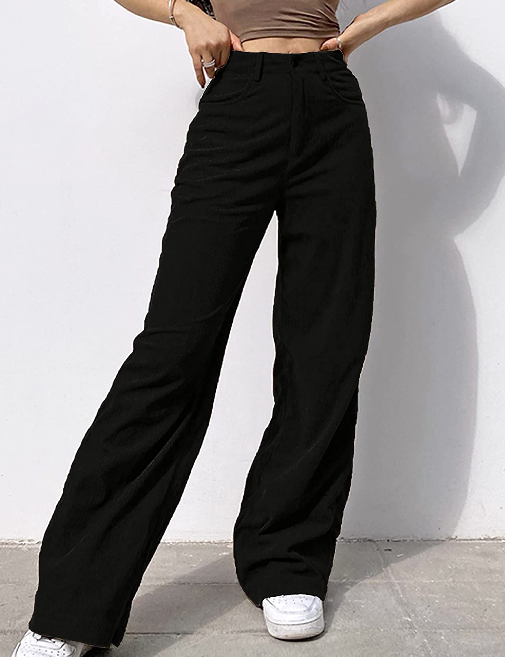 SCUSTY Women's Vintage Corduroy High Elastic Waist Wide Leg Pocketed Pants Trouser