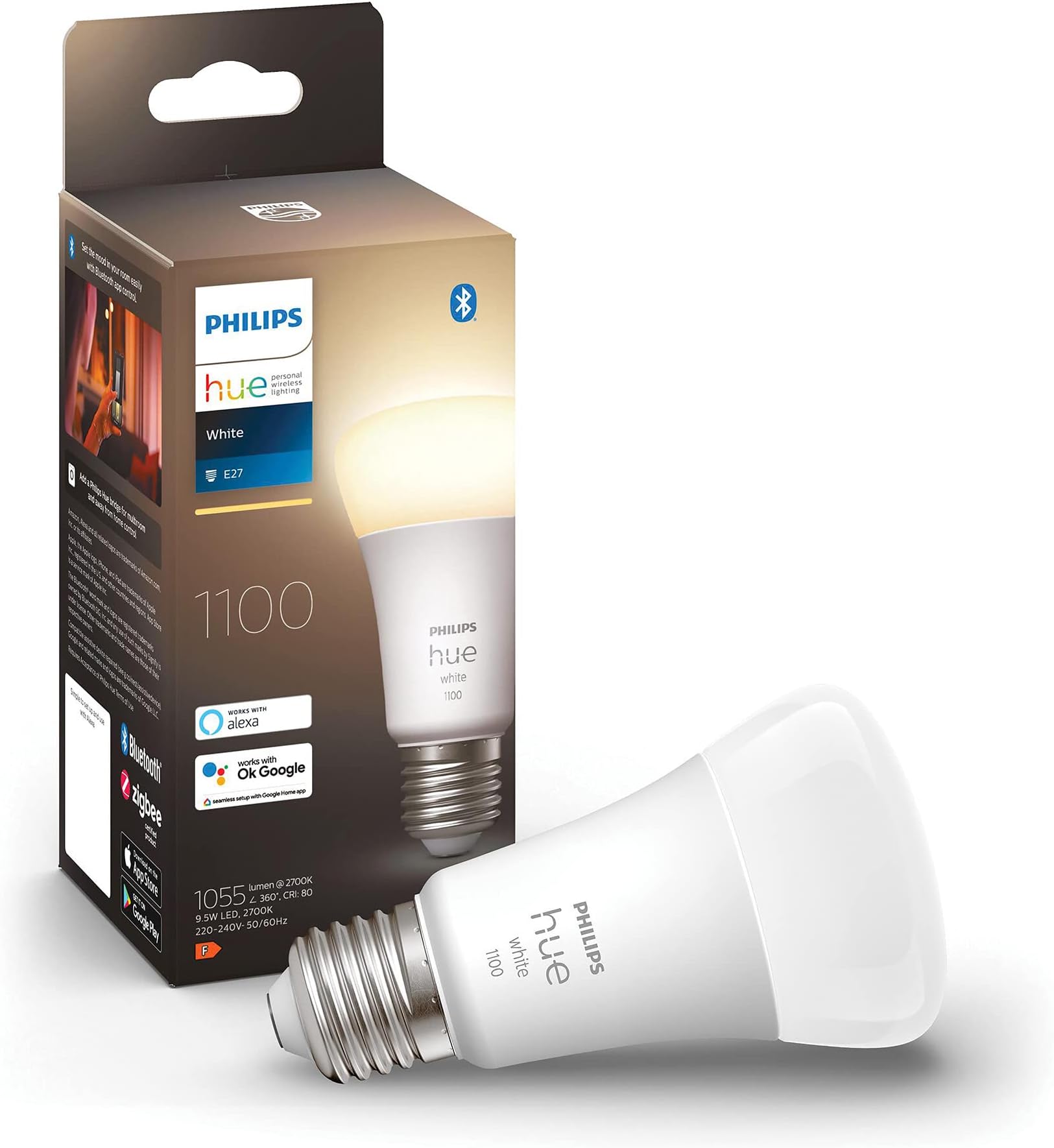New White Smart Light Bulb 75W - 1100 Lumen (E27 Edison Screw) with Bluetooth. Works with Alexa, Google Assistant, Apple Homekit