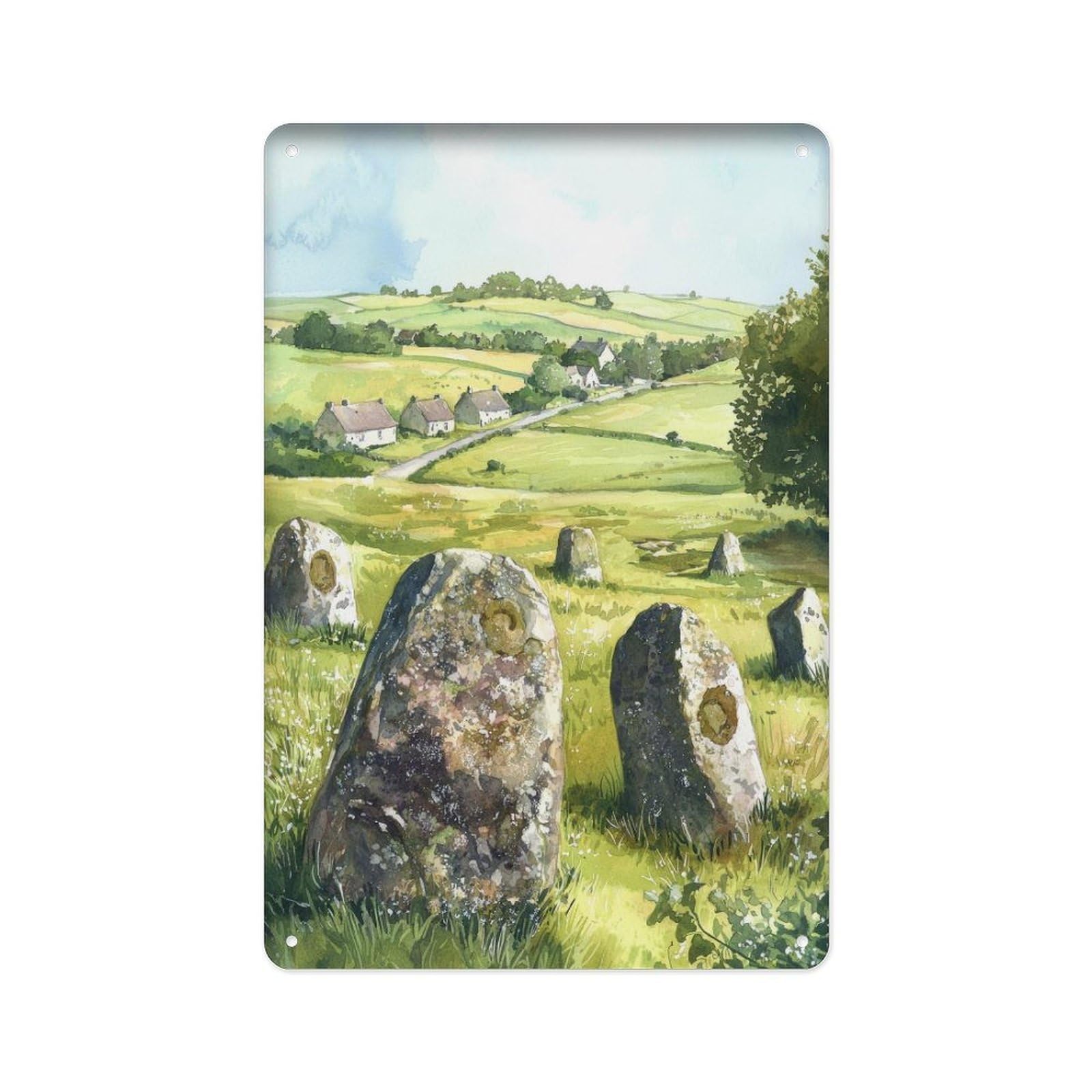 peiyeety Metal Tin Sign Avonberry Stone Circle Watercolor Wiltshire Art Deco Antiques Britain Landscape Painting Gift Suitable for British Heritage And History Enthusiasts 8 X 12 Inch