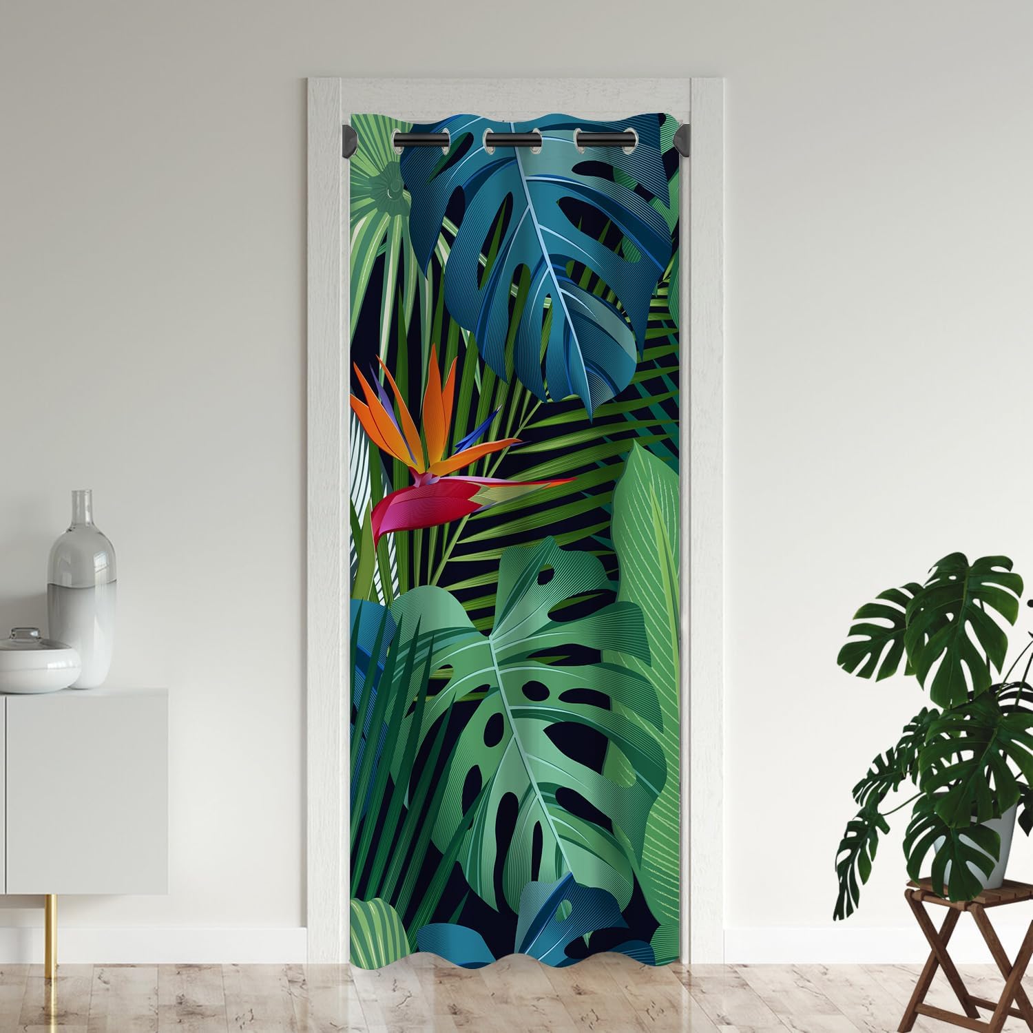 Tropical Leaf Door Curtains for Doorways, Palm Leaves Summer Nature Jungle Plant Blackout Curtain for Kids Bedroom Closet, Grommet Thermal Insulated Privacy Door Drapes for Room Divider, 34"W x 80"L