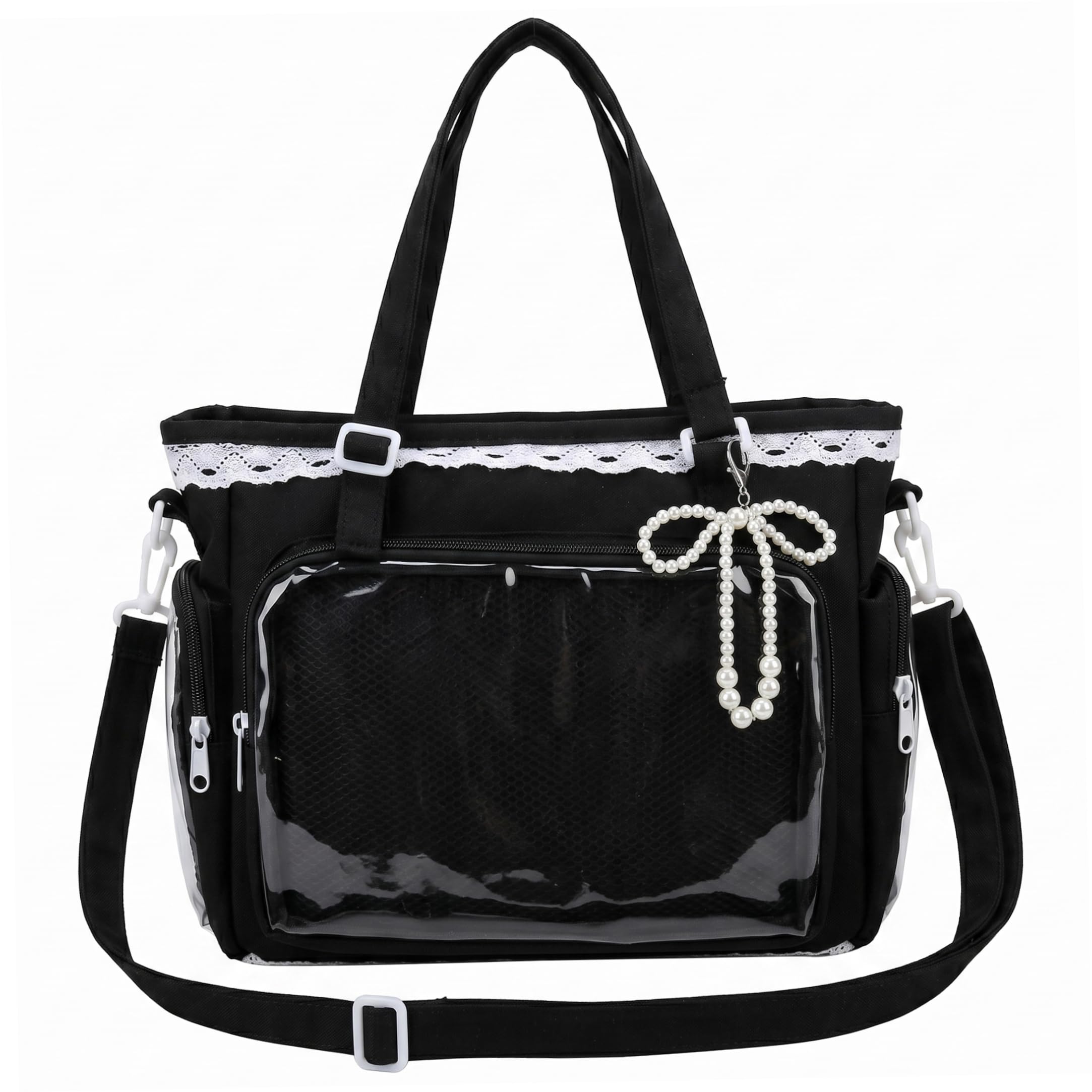 Ameble Unisex Black Ita Bag With Clear Window & Japanese Lace Accents, Multi-Carry Canvas Pin Display Purse, Kawaii Bag, Cosplay Messenger