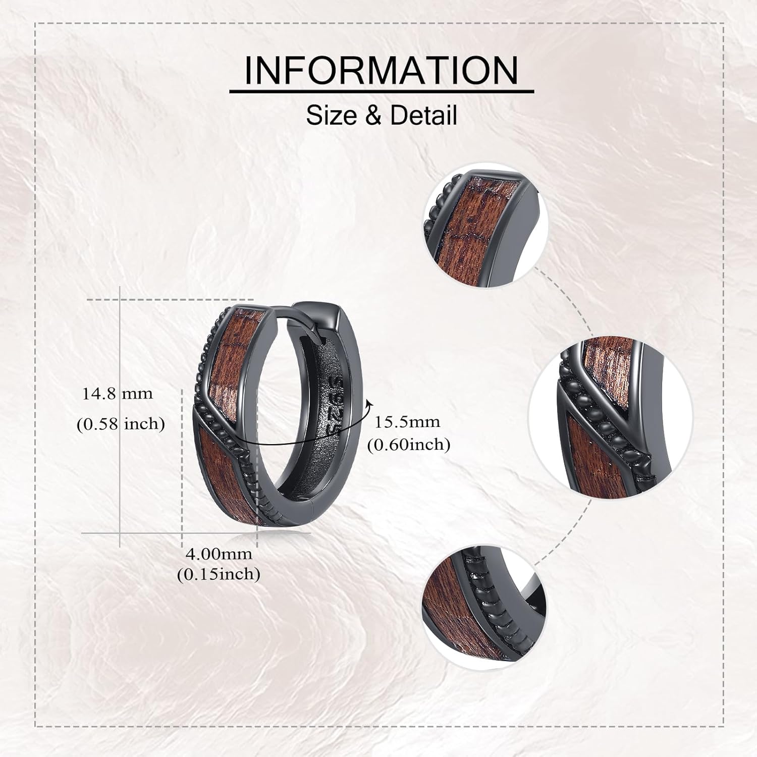 Wooden Huggie Hoop Earrings Sterling Silver Small Wooden Jewelry Gift for Men - Image 5