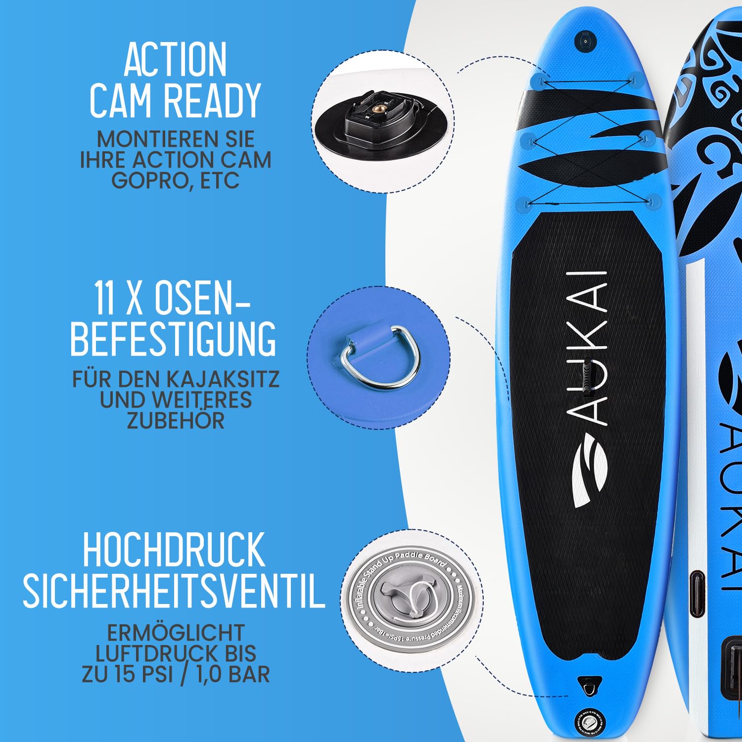 AUKAI SUP Board PRO 320cm | 2in1 Aufblasbares Stand up Paddle Set mit Kajak-Sitz | 5 Jahre Garantie | Komplettsett | Sitz, Action-Cam-Halterung, Pumpe