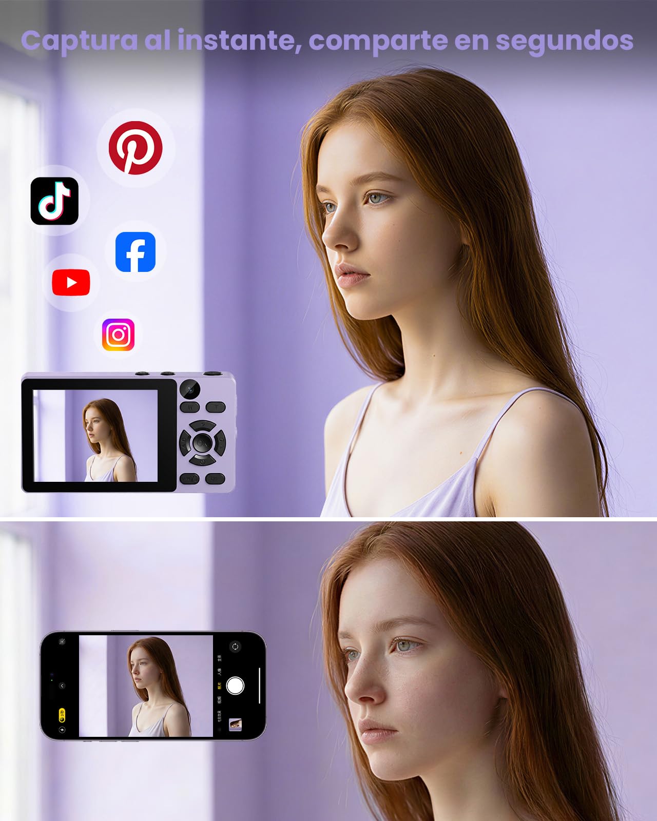 Cámara Digital 64MP 4K Cámara de Fotos Compacta con Doble Lente,Pantalla LCD 2,8 Pulgadas,Batería de 2000 mAh,Carcasa de Aleación de Zinc y Zoom Digital 18X para Niños y Adultos(Morado,SIN Tarjeta SD)