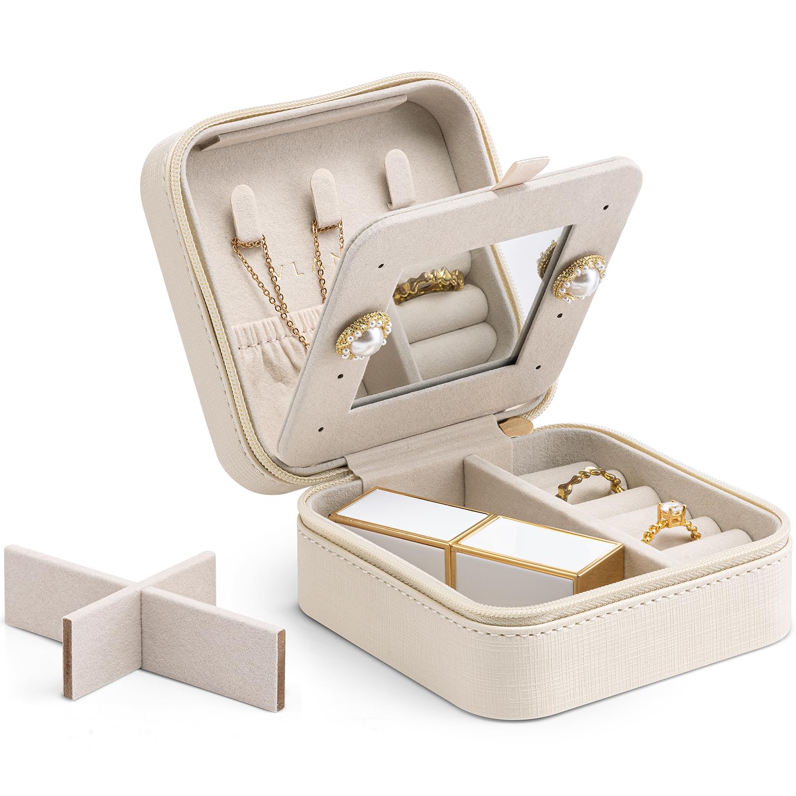 VlandoVlando Small Faux Leather Travel Jewellery Box Organizer Display Storage Case for Rings Earrings Necklace with Mirror