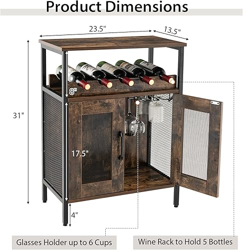 Miniatura 3 de Giantex Armario industrial para licores con soporte para vidrio, estante extraíble para vino, 2 puertas de malla metálica, aparador pequeño para