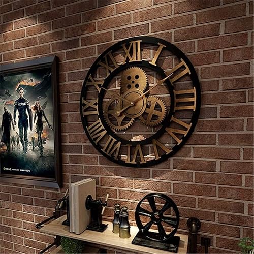 Large 60cm Gold Roman Numerals Wall Clock with Wooden Numerals & Decorative Gear, Quiet Movement, Retro Metal Pointer, Vintage Home Décor