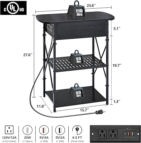 Miniatura 3 de Livofloral Mesa auxiliar estrecha con estación de carga, juego de 2 mesas auxiliares para espacios pequeños, mesa auxiliar abatible con Negro