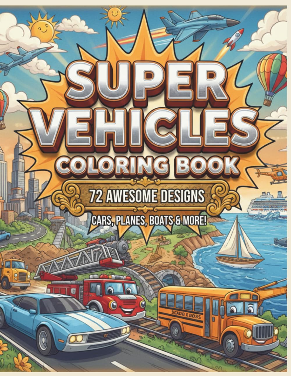 Super Vehicles Coloring Book: 72 Awesome Designs Cars, Planes, Boats & More!