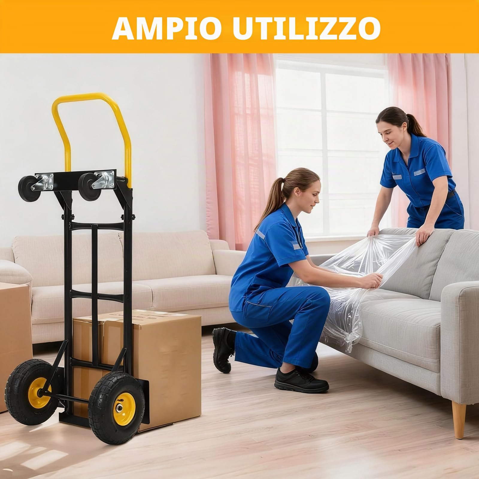 Carrello a mano convertibile 2-in-1 - Piattaforma pieghevole per magazzino, ufficio, giardino, spostamenti industriali - 4 ruote robuste, manico telescopico - Portata 800LB - Nero e Arancione