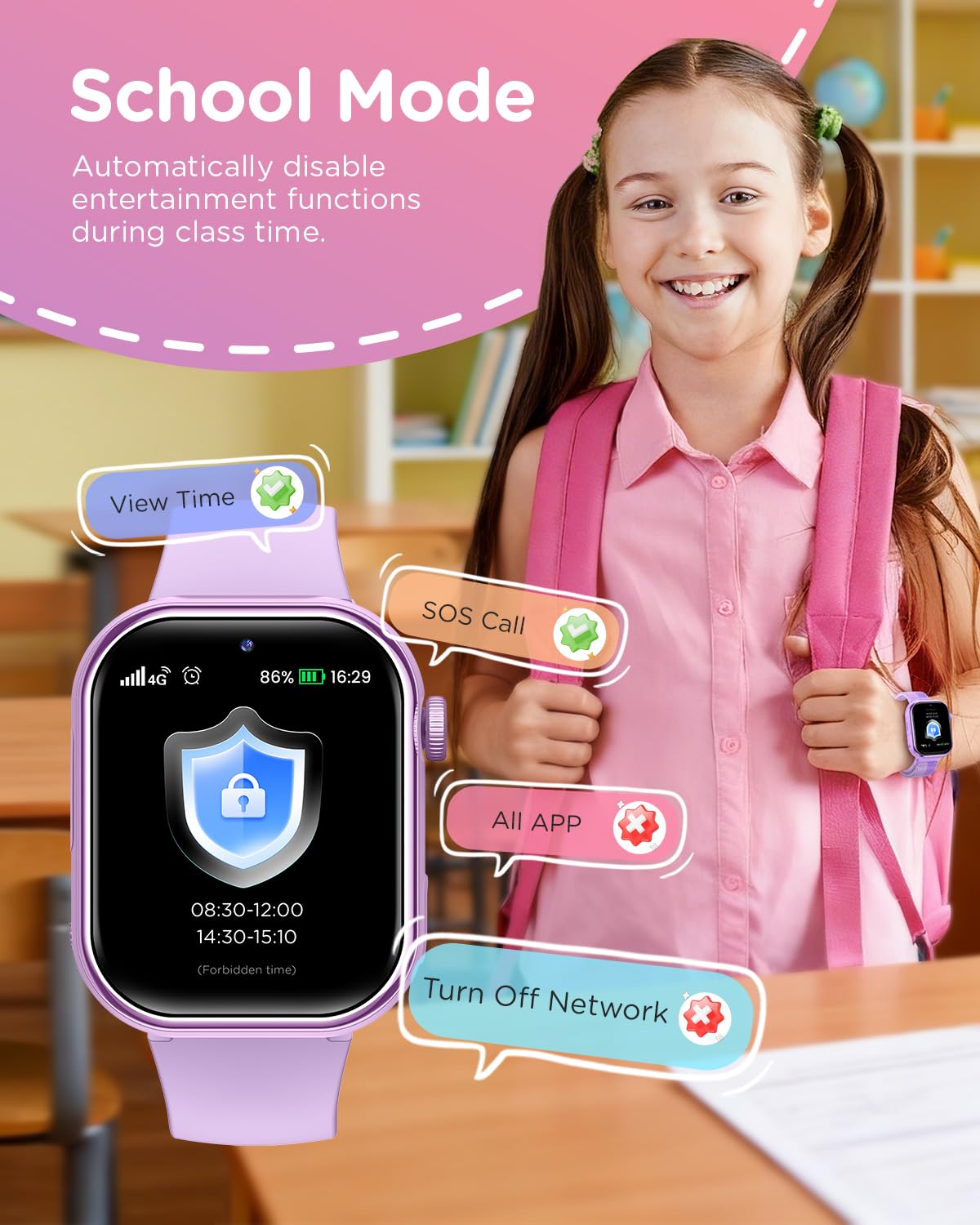 4G Reloj Inteligente Niña, 1.83'' HD Smartwatch Niñas con GPS y Llamadas, Videollamadas, Chat de Voz, Modo Escuela, Doble Cámara, Monitor de Sueño, Podómetro, Despertador IP68 para Niñas Niños Púrpura — view 5