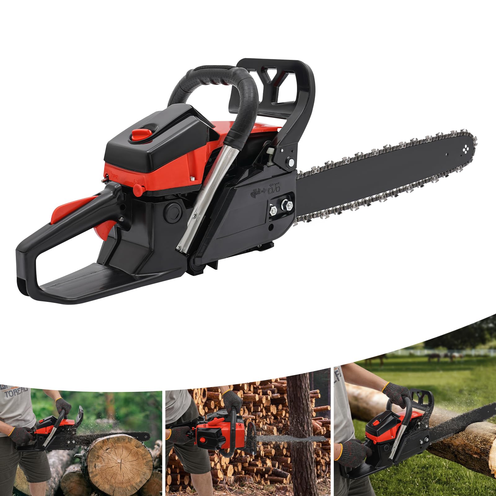 Motosierra de gasolina de 58 cc de 2 tiempos, motosierra de 18 pulgadas (48 cm) con motor de 2,2 kW y lubricación automática, incluye guantes y accesorios para madera, jardín y bosque
