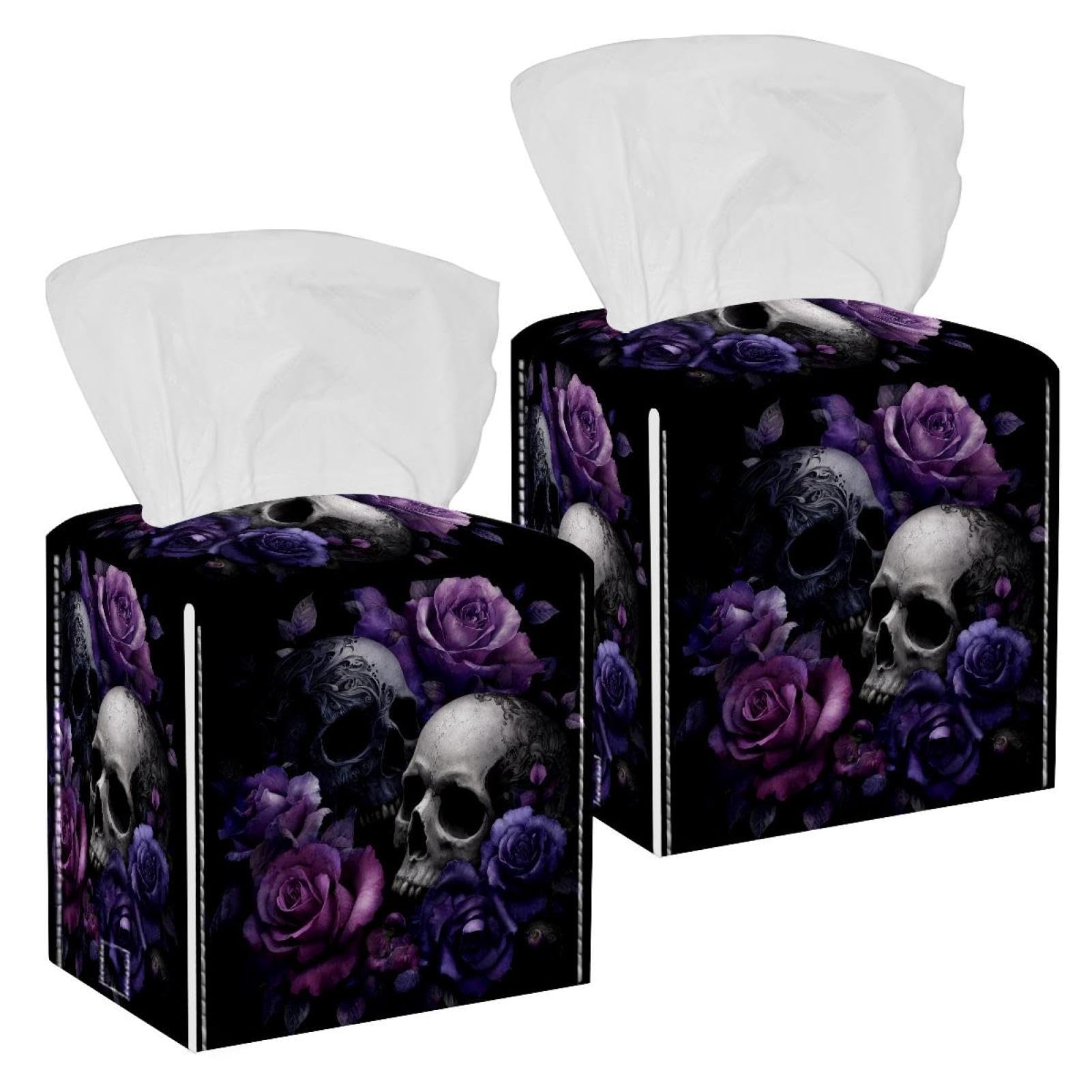 Skull Tissue Box Cover, 2 Pack PU Leather Square Facial Tissue Dispenser Box holder for Home Office Car