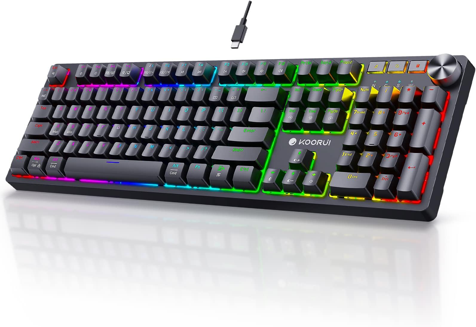 KOORUI Wired Gaming Keyboards with Brown Switch,Hot-Swap Mechanical Keyboard with Volume Knob, 26 RGB Backlit Light Up, Full Keys Anti-Ghosting, Dual Color Injection Molded Keycaps for PC