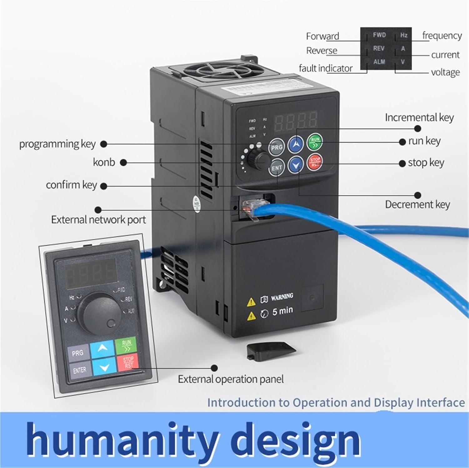 Detailed view of the VFD control panel and external operation panel
