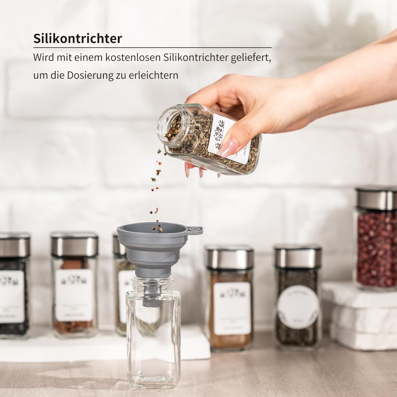 24 Gewürzgläser Eckig,120ML Gewürzdosen Set mit Streueinsatz,Gewürzstreuer mit Drehdeckel-Starke Versiegelung,Edelstahl-Glas Gewürz Organizer inklusive Trichter, Etikett und Stift