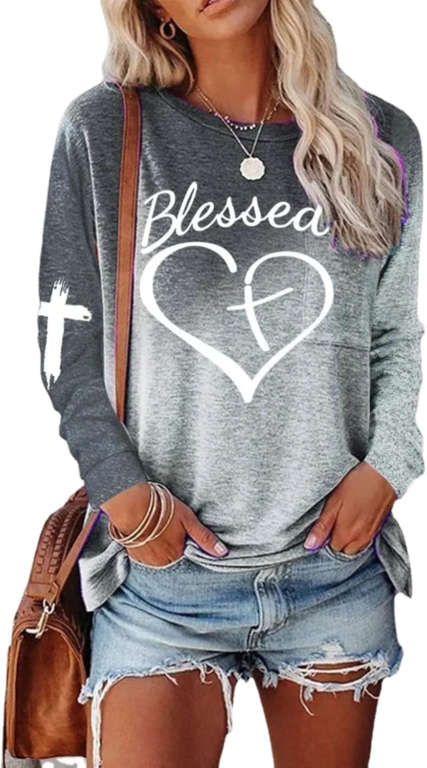 Women's Blessed Letter Print Long Sleeve Tshirt Casual Oversized Faith Jesus Love Cross Creneck Pullover Top