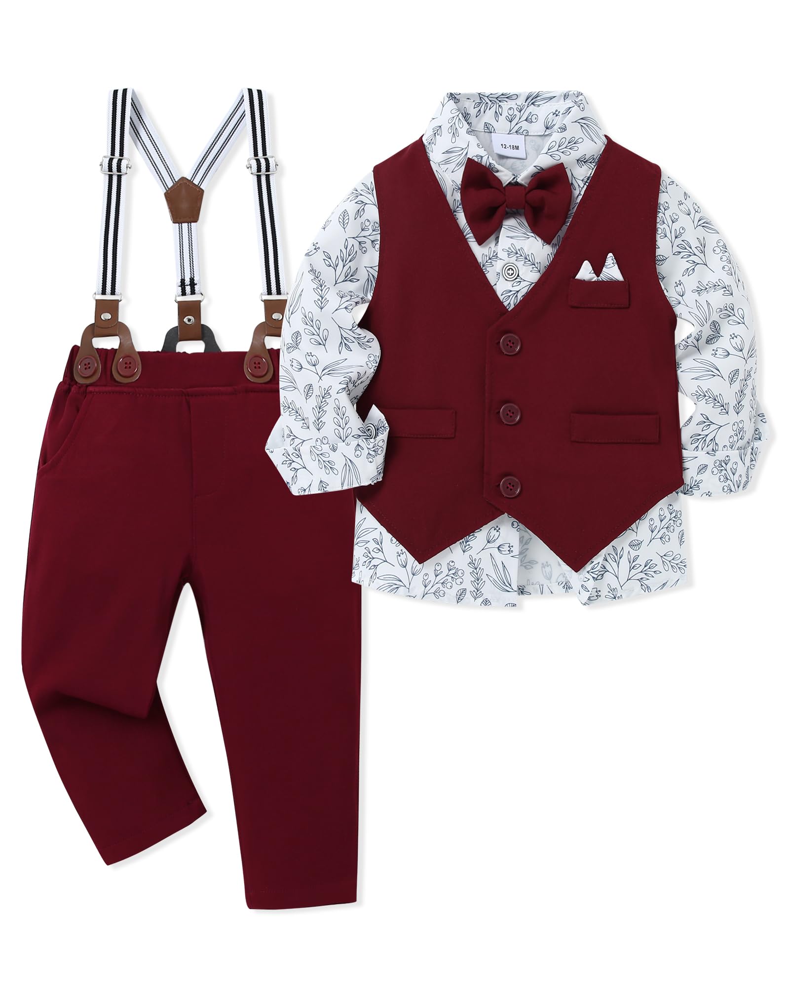 Kleinkind Baby Jungen Kleidung Anzug 12M-5T Jungen formelles Kleid Hemd + Fliege + Strapshose Gentleman Hochzeit Outfits