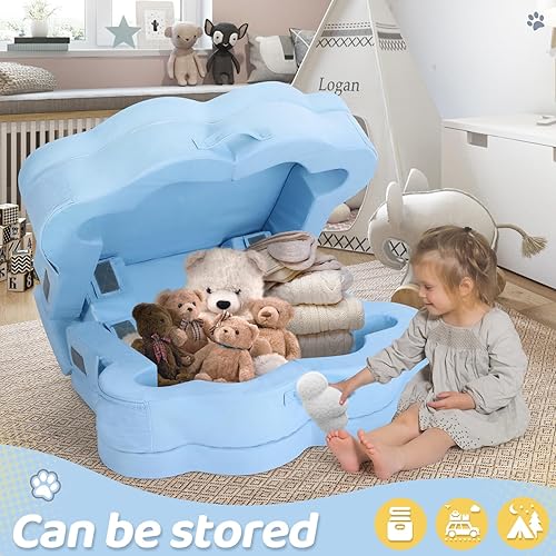 Miniatura 3 de Cama portátil para niños pequeños, cama plegable de viaje para niños, cama de piso para niños de 1 a 5 años, suave y segura (azul)
