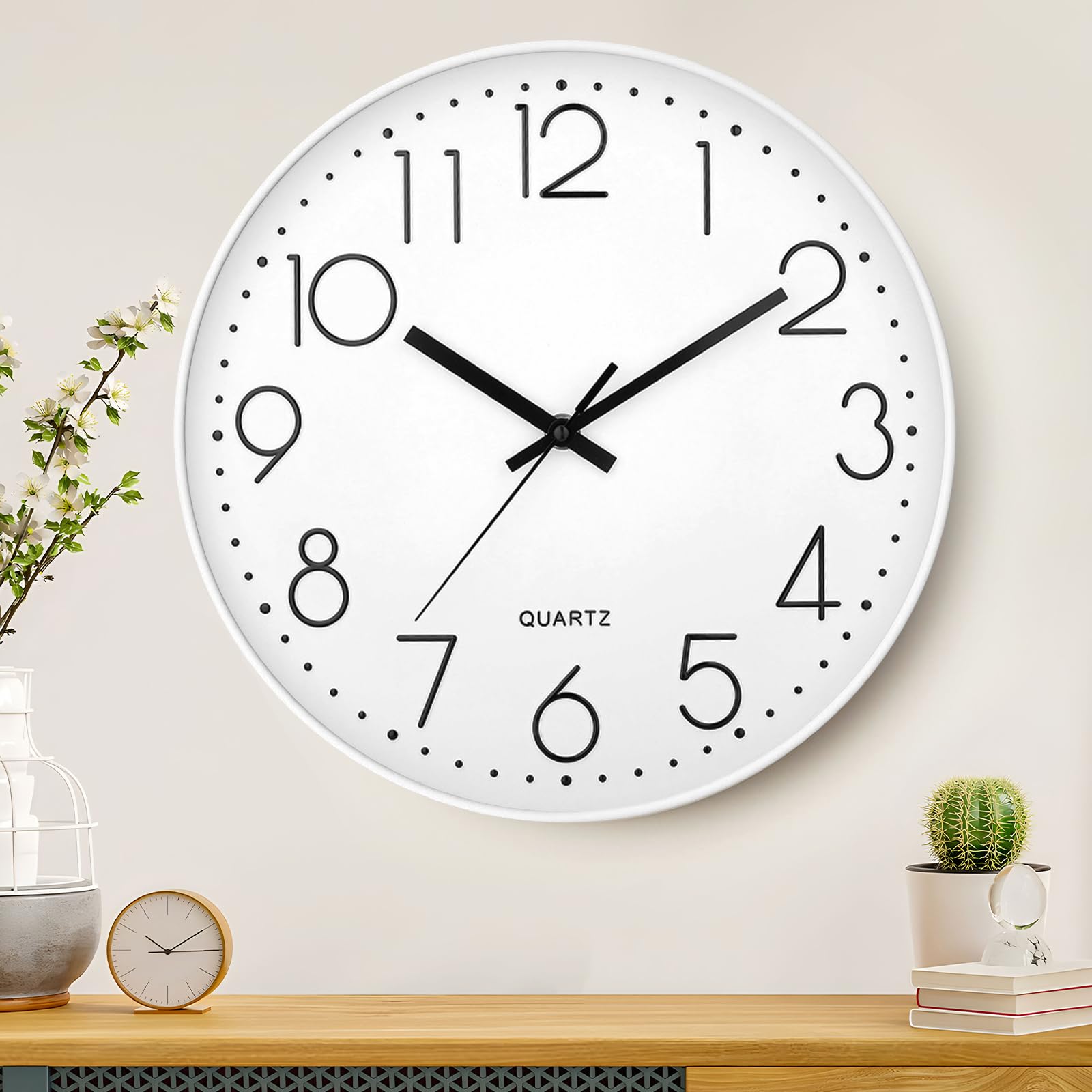 Reloj de Pared Moderno y Silencioso, 30 cm Diámetro, Decorativo Redondo de Cuarzo Para Cocina, Comedor o Habitación, Blanco