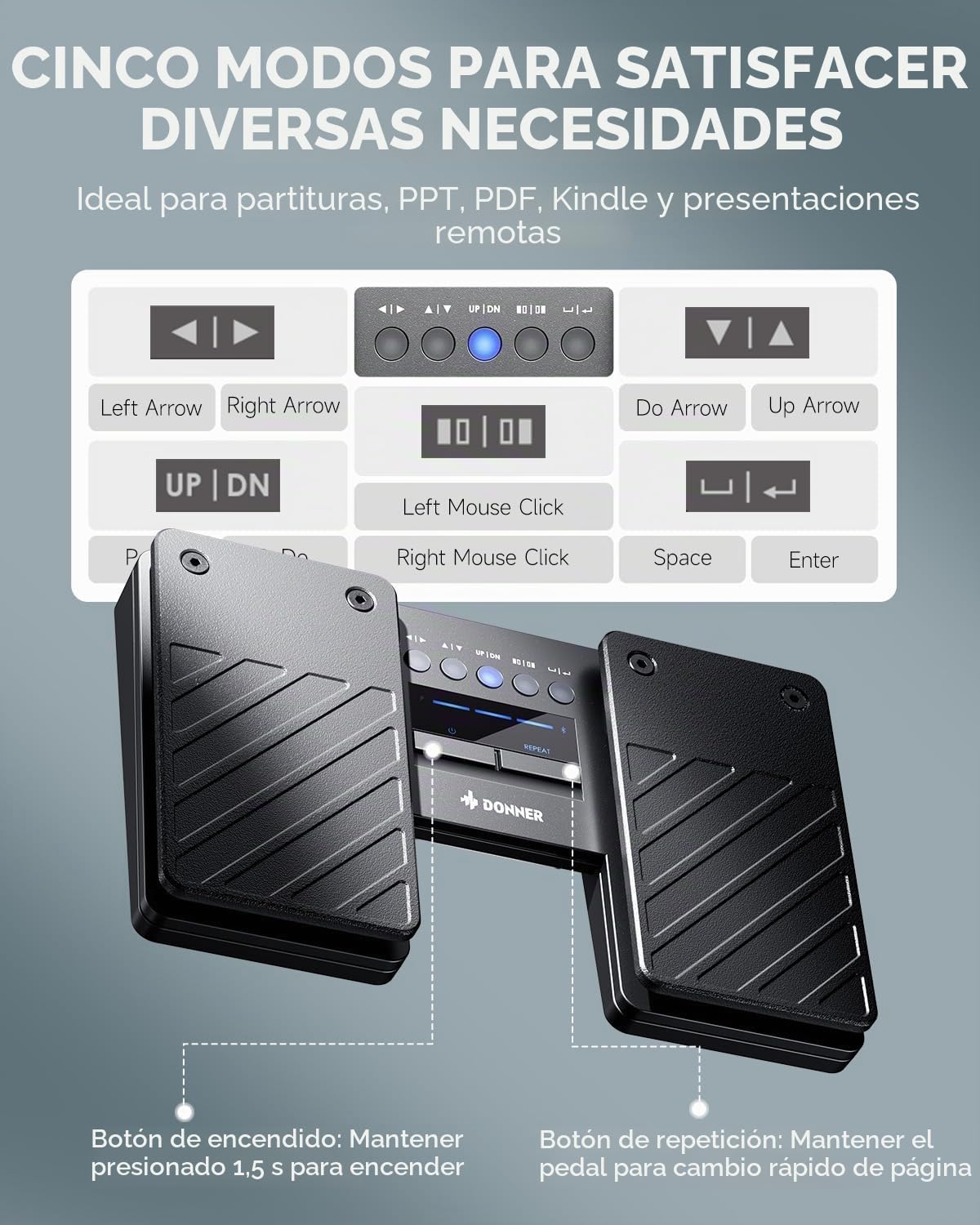 Donner Wireless Page Turner Pedal, Pedal inalámbrico Bluetooth Donner para iPad, tabletas y teléfonos, pedal de pie, negro
