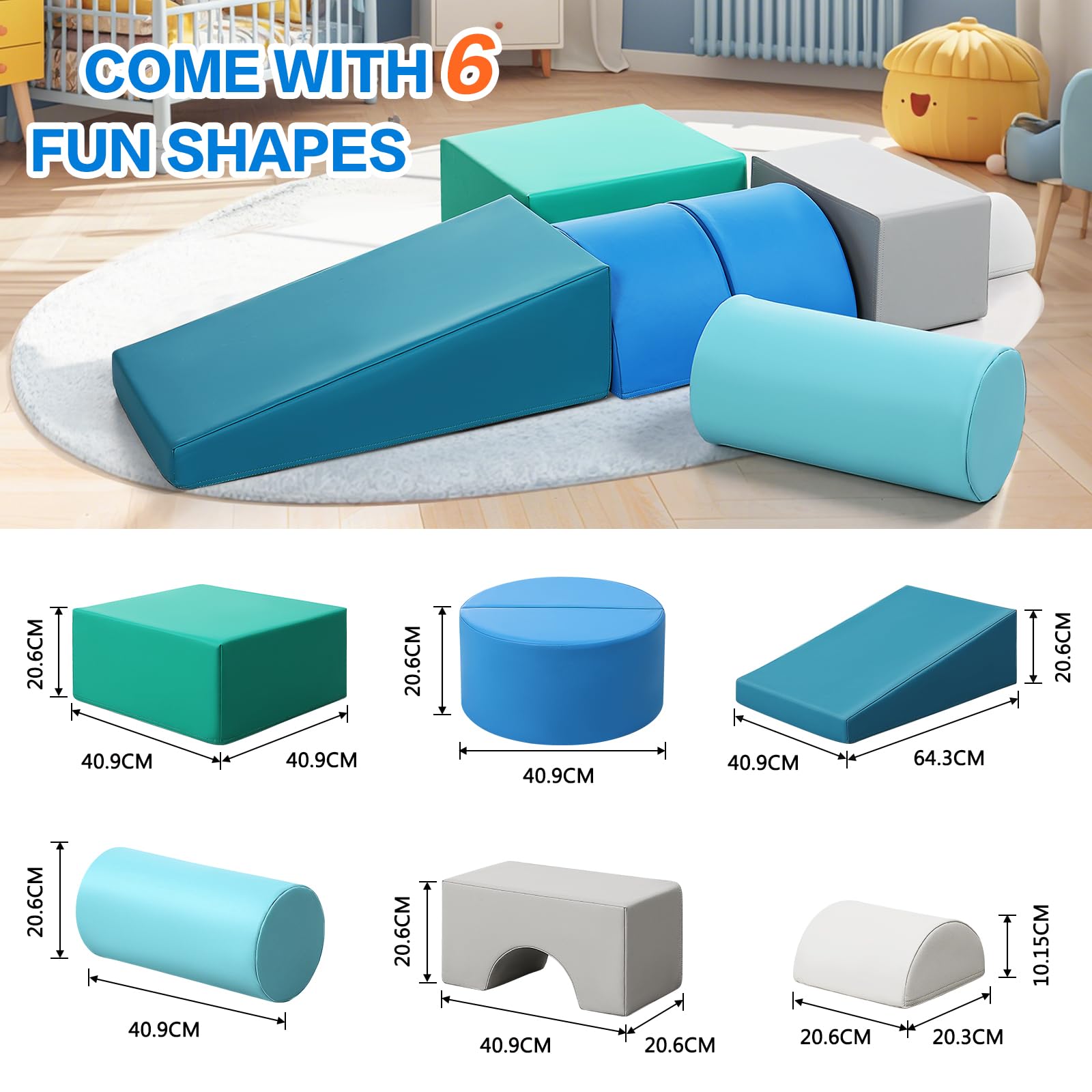 JungleDove Blocchi per Bambini in Schiuma Set: 6 Pezzi Pelle PU Set da Gioco Blocchi Morbidi per Bambini - Arco Ellittico Percorso a Ostacoli per Infanzia per Soggiorno Cameretta e Asilo Nido